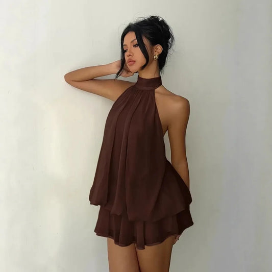 Women’s Backless Halter Neck Dress – Tie‑Front Chiffon Sheer Mini Skirt, Sexy Y2K Vintage Party Dress