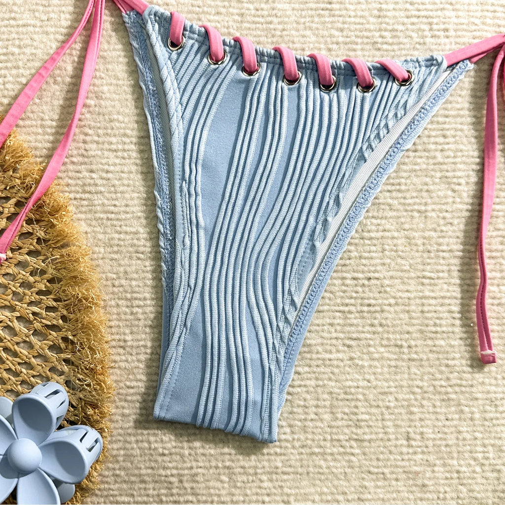 Halter Wrinkled Weave Bikini Set Women Swimwear Female Swimsuit Two Pieces Bikini Set Brazilian Bathing Suit Swim Beach Wear