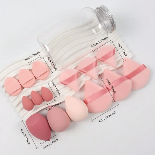 15pcs Makeup Sponge Set with Storage Jar – Powder Puff, Mini Finger Puff & Triangle Air Cushion Blenders