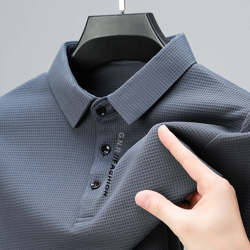 Waffle Knit Long‑Sleeve Polo Shirt