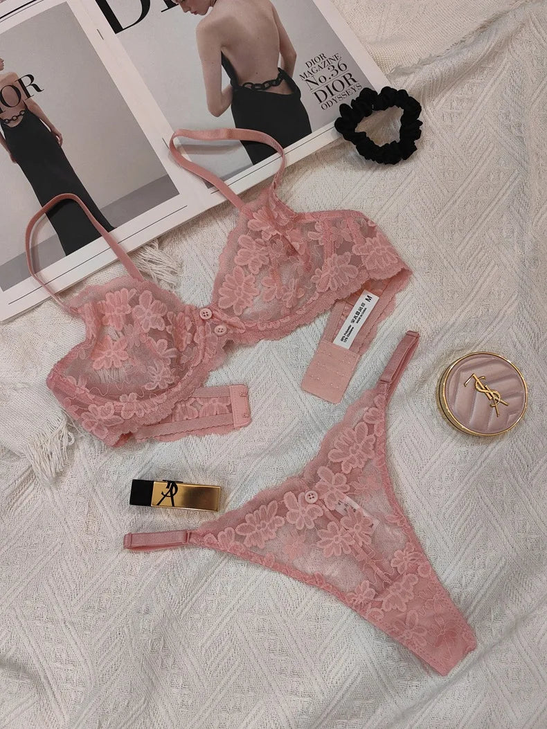 French‑Style Embroidered Transparent Lingerie Set