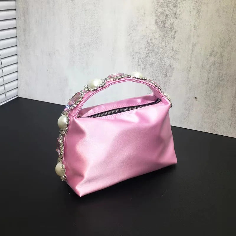 Luxury Designer Pearl Beaded Satin Hobo Bag Women Handbag Rhinestone Diamond Evening Bag Wedding Party Clutch Purse Shoulder Bag