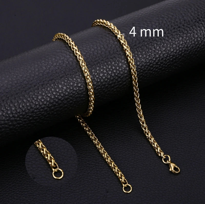 HIYEE Thickness 3/4/5/6/7/8mm Gold Color Wheat Braided Stainless Steel Necklace Link Classic Curb Chain for Men Women Jewelry