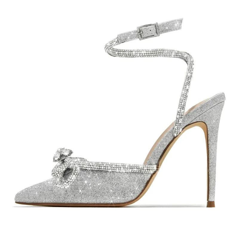 Eilyken Designer Butterfly-knot Crystal Buckle Strap Women Pumps Street Style Elegant Thin High Heels Stripper Prom Shoes