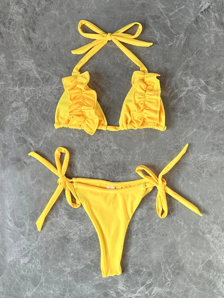 2024 New Sexy Low Waisted Bikini Set Swimsuit Swimwear Women Strappy Ruffle Solid Halter Beachwear Bathing Suits Women's biquini