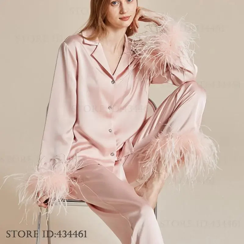 luxury feather‑trim satin pajama set