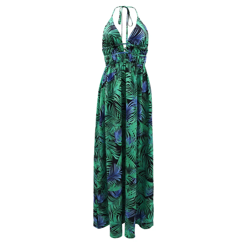 CM.YAYA Women Leaf Printed Spaghetti Strap Backless Deep V-neck Straight Maxi Long Dress 2023 Beach Sexy Street Vestidos Dresses