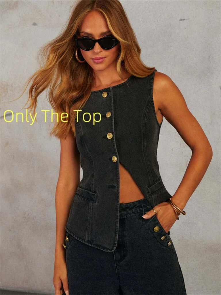 Streetwear Denim 2 Piece Sets Women Outfit Summer Clothes Women 2025 Sleeveless Vest Top Wide Leg Pants Sets Jeans Two Piece Set