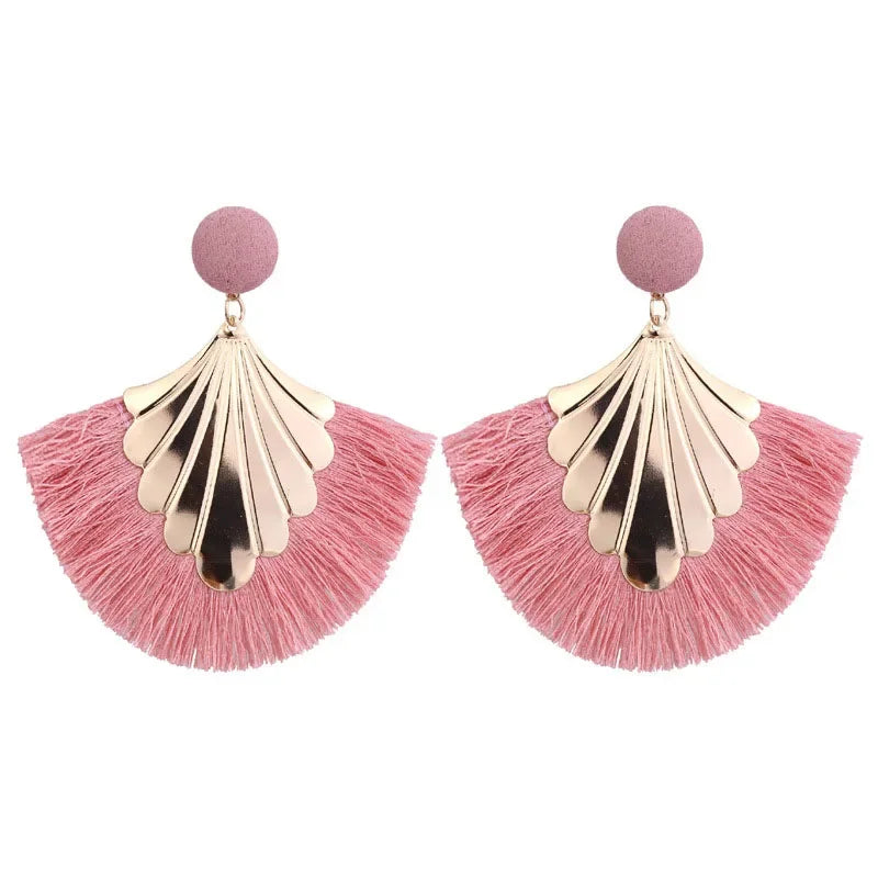 FSUNION 2025 New Bohemia Fan Shaped Tassel Earrings For Women Exaggerated Big Statement Fringed  Vintage Dangle