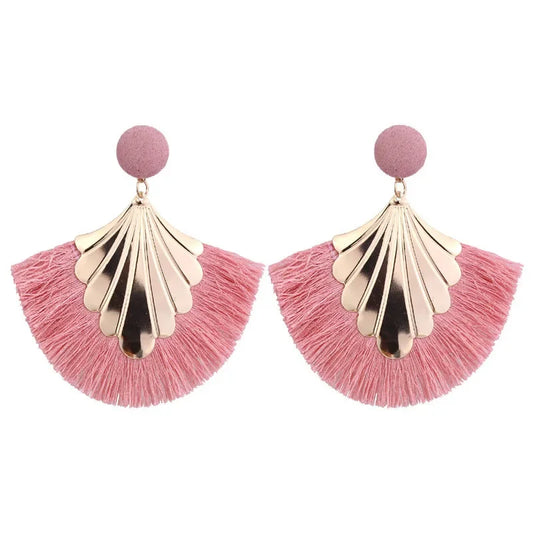 FSUNION 2025 New Bohemia Fan Shaped Tassel Earrings For Women Exaggerated Big Statement Fringed  Vintage Dangle
