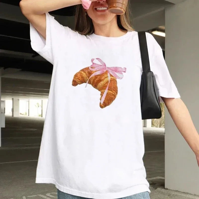 Coquette Croissant Cotton Tee with Pink Ribbon Bow Printed Women's Trendy Style Casual Women's Round Neck Clothing White Top
