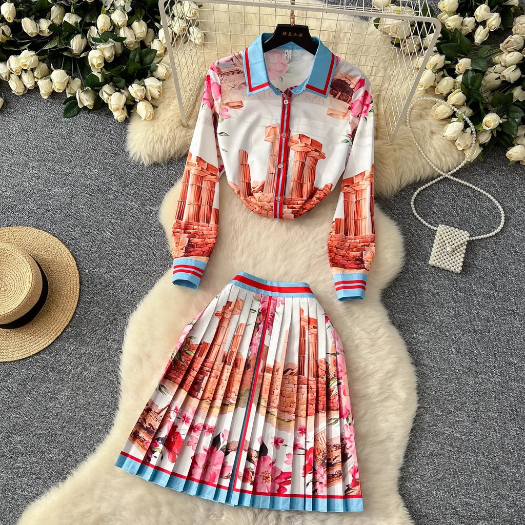 Summer Runway Holiday Gorgeous Flower Skirt Suit Long Sleeve Print Shirt Tops + Pleated Mini Skirt Women's 2 Piece Outfits Skirt