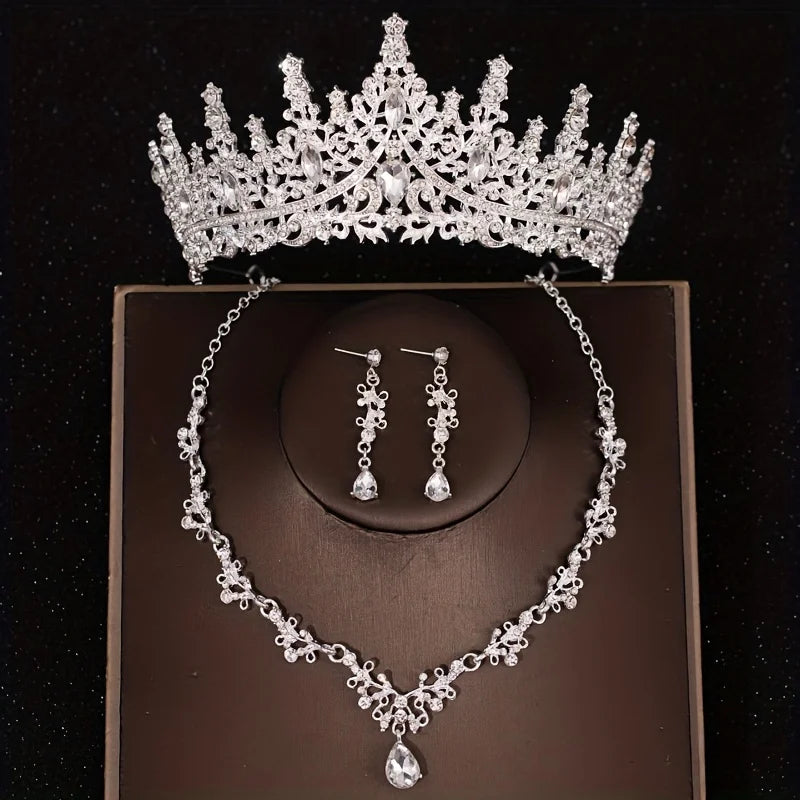 3 Pcs Luxury Silver Color Crystal Water Drop Bridal Jewelry Set Rhinestone Tiara Crown Necklace Earring Set Bridal Wedding Jewel