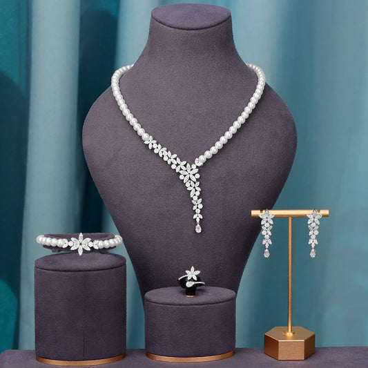 JEWEL Hot Sale New Style Pearl Necklace Bracelet Earrings Ring 4PCS Cubic Zirconia Set For Women Bride Wedding Jewelry
