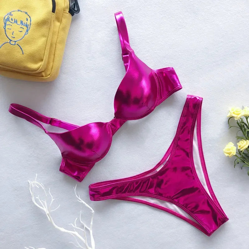 Metallic Push‑Up Thong Bikini