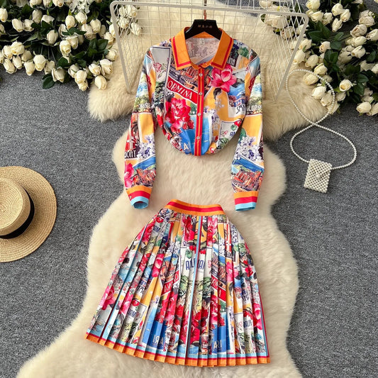 Summer Runway Holiday Gorgeous Flower Skirt Suit Long Sleeve Print Shirt Tops + Pleated Mini Skirt Women's 2 Piece Outfits Skirt