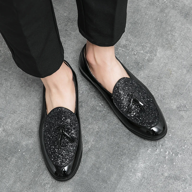 New Arrival Men's Fashion Patent Leather Sequin Tassel Dress Business Office Shoes Male Charm Wedding Party Prom Flats Footwear