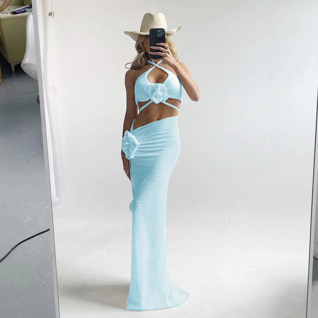 2025 3pack Bikini with Beach Skirt Swimwear Women 3D Flower Swimsuit Halter Bathing Suit Beachwear Bikini Set Biquini