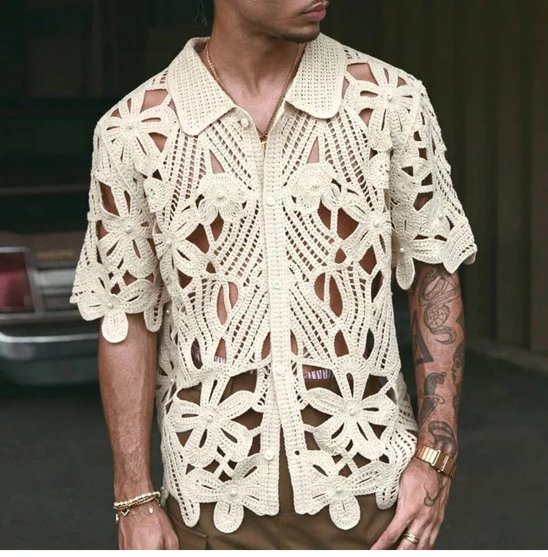 French Retro Crochet Polo Shirt