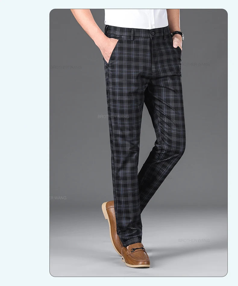 Slim‑Fit Plaid Cotton Pants