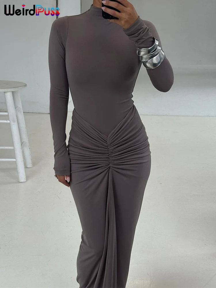 Women’s Ruched Long‑Sleeve Bodycon Dress – O‑Neck Slim Fit Hipster Pleated Autumn Classic