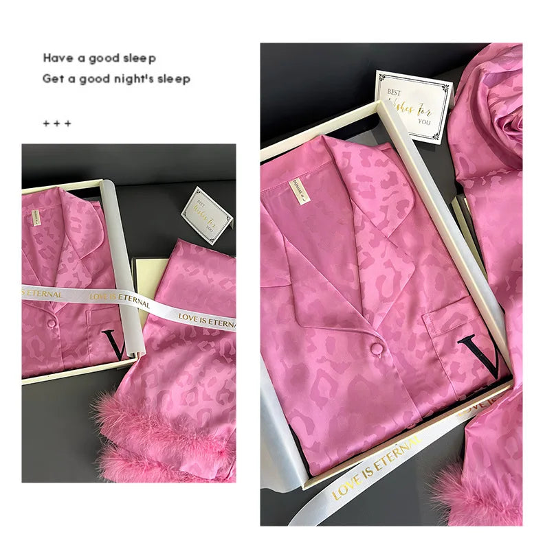 Female 2PCS Pajamas Set Spring Autumn Feathers Long Sleeve Trouser Suits Sleepwear Fashion Sexy Rayon Hot Pink Leopard Homewear
