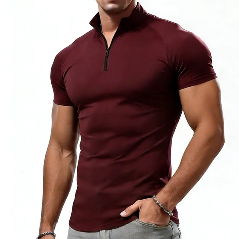 Men’s Compression T‑Shirt – Summer Slim Fit Zipper Neck Gym Fitness Tee, Skinny Casual Fashion Top