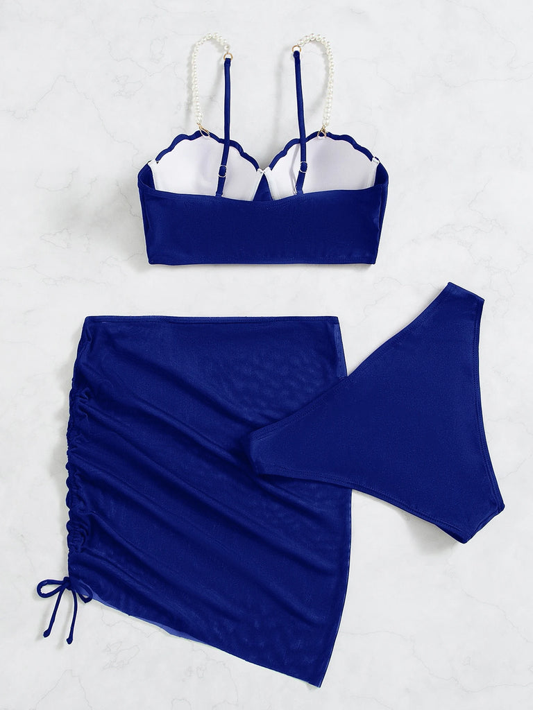 Women’s Shell‑Bra Push‑Up Bikini – 3‑Piece Pearl Strap Swimsuit with Beach Skirt 2023