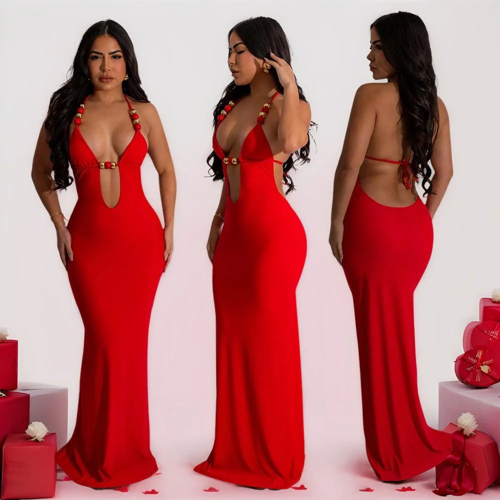 CM.YAYA Women Sleeveless Deep V-neck Halter Long Maxi Dress Summer Backless Beach Sexy Street Evening Night Club Party Dresses