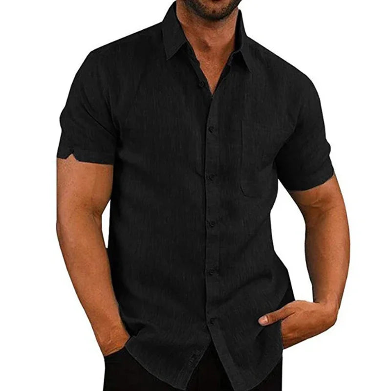 Men’s Cotton‑Linen Summer Shirt – Solid Short‑Sleeve Turn‑Down Collar Casual & Beachwear Top