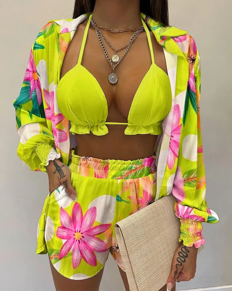 Women’s 2024 High‑Waist 3‑Piece Bikini Set – Printed Swimsuit with Shorts Cover‑Up Summer Beachwear