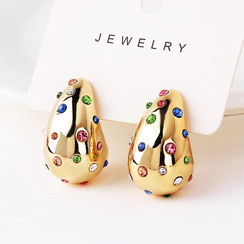 Waterproof 18K PVD Gold Teardrop Stud Earrings — Stainless Steel Inlay Bead Elegant Drop Earrings for Women