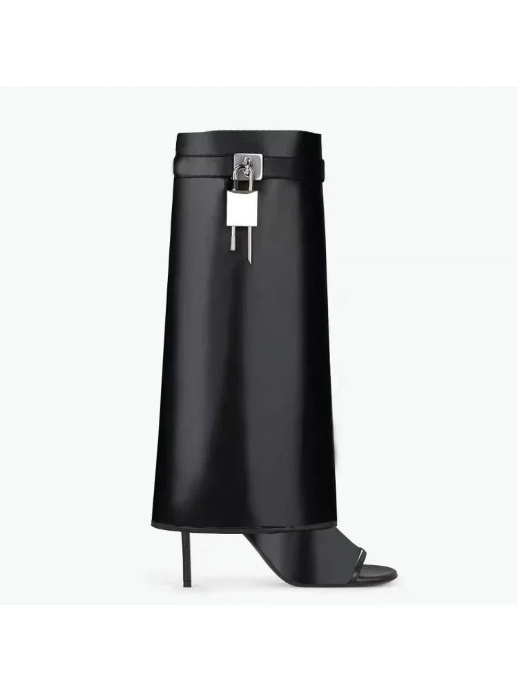 New Women's Leather Ankle Boots with Metal Buckle, Pointed Toe & Slender High Heel - Wide Shaft Short Bare Boots