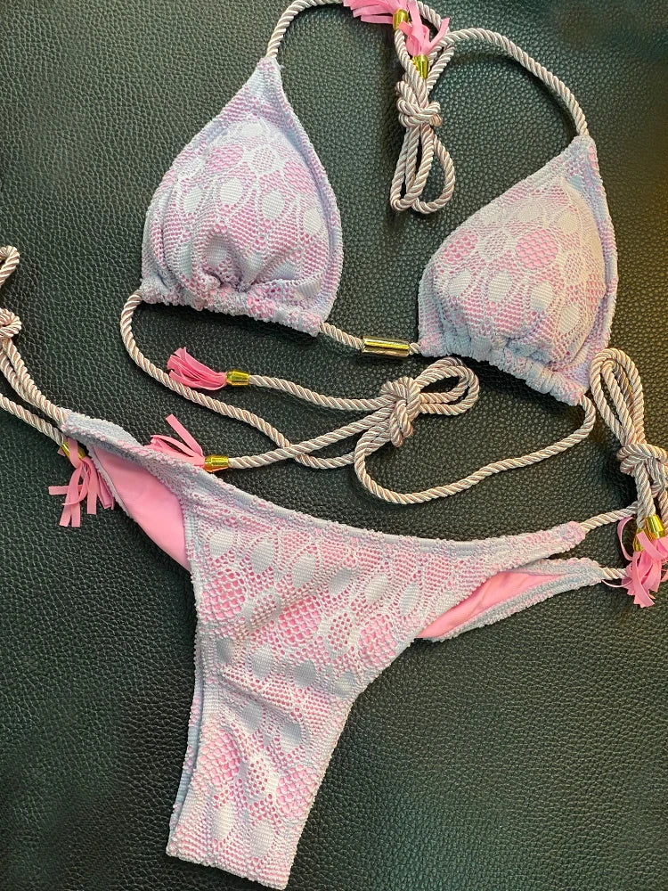 Women’s Zrtak Tie‑Waist Push‑Up Bikini – Solid High‑Cut Thong Swimsuit Set 2026