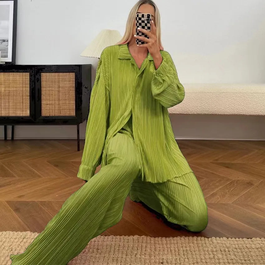 CM.YAYA Street Women's Set Long Sleeve Shirt Tops and Wide Leg Pants Elegant Tracksuit Two Piece Set Sweatsuit Fitness Outfits