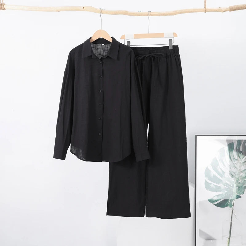 Casual Cotton Solid Women Pants Sets Lapel Single Breasted Loose Top Lace Up High Waist Wide Leg Pants 2025 Spring New Lady Sets
