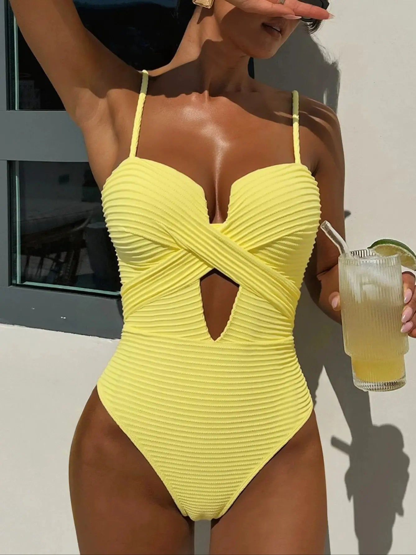 Sexy Yellow Hollow‑Out Cross One‑Piece Swimsuit