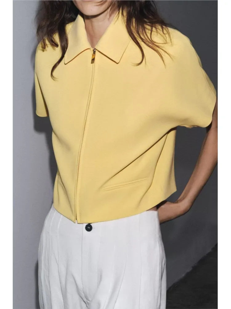 HipSeam Women Lapel Collar Short Jacket Women's Cropped Short Collared Jackets With Zipper Lady Short Sleeve Coat Female Jacket