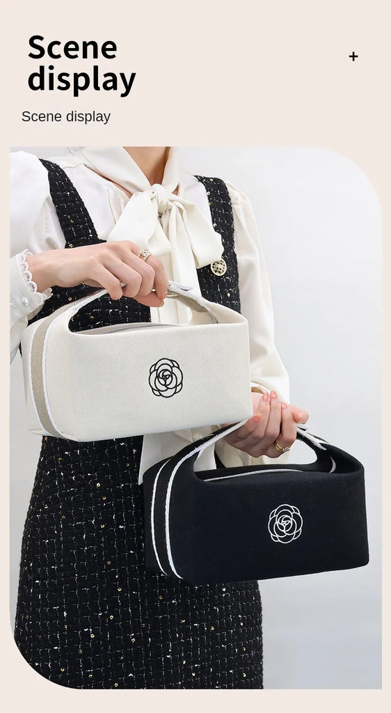 Premium Handheld Camellia Canvas Makeup Bag – Large‑Capacity Travel Toiletry & Skincare Organizer