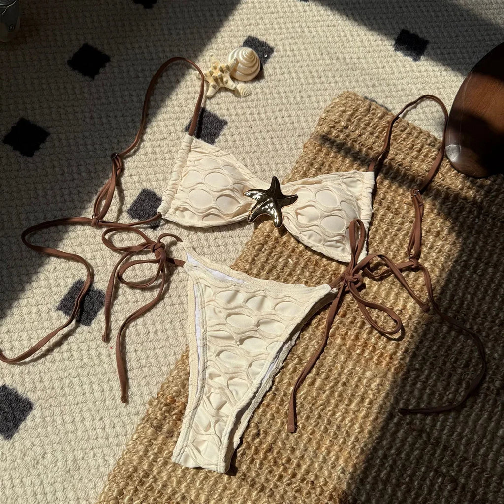 Women’s Metal Star High‑Cut Strappy Bikini – Sexy Two‑Piece Backless Swimsuit V6817