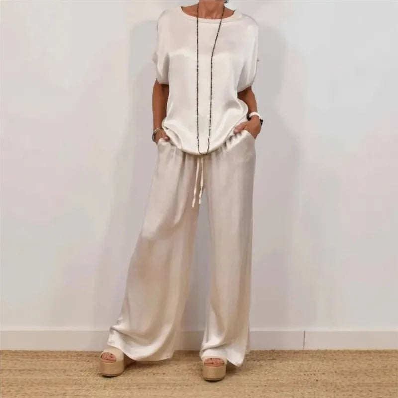 2025 Spring Satin Oversize Women Suit Black V-neck Tops Long Pants Loose Suits Female Summer Casual Trendy Ladies Clothes Sets