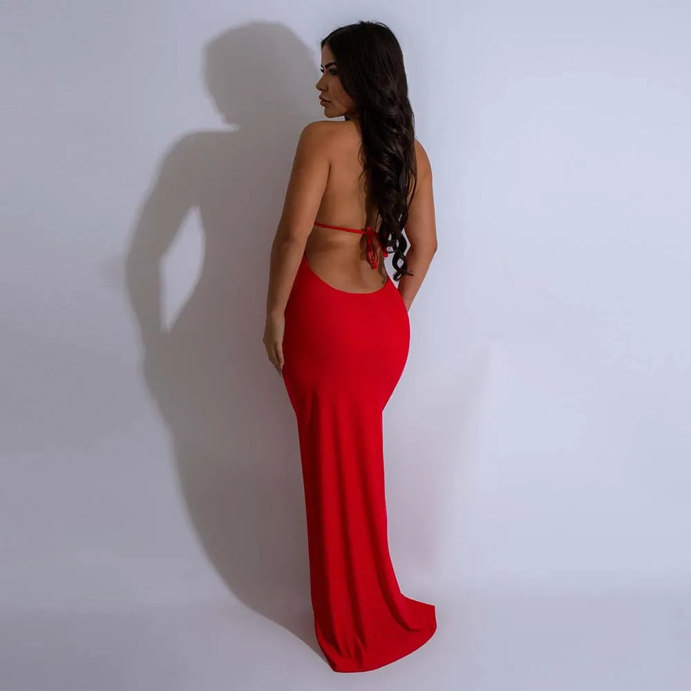 CM.YAYA Women Sleeveless Deep V-neck Halter Long Maxi Dress Summer Backless Beach Sexy Street Evening Night Club Party Dresses