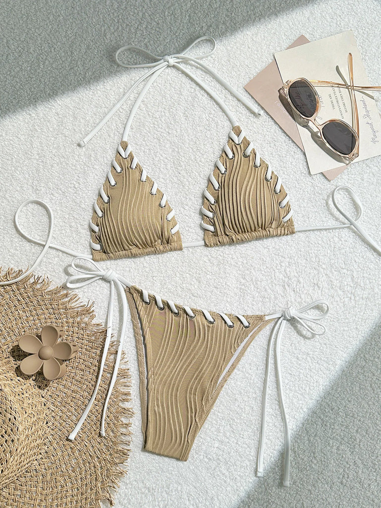 Halter Wrinkled Weave Bikini Set Women Swimwear Female Swimsuit Two Pieces Bikini Set Brazilian Bathing Suit Swim Beach Wear