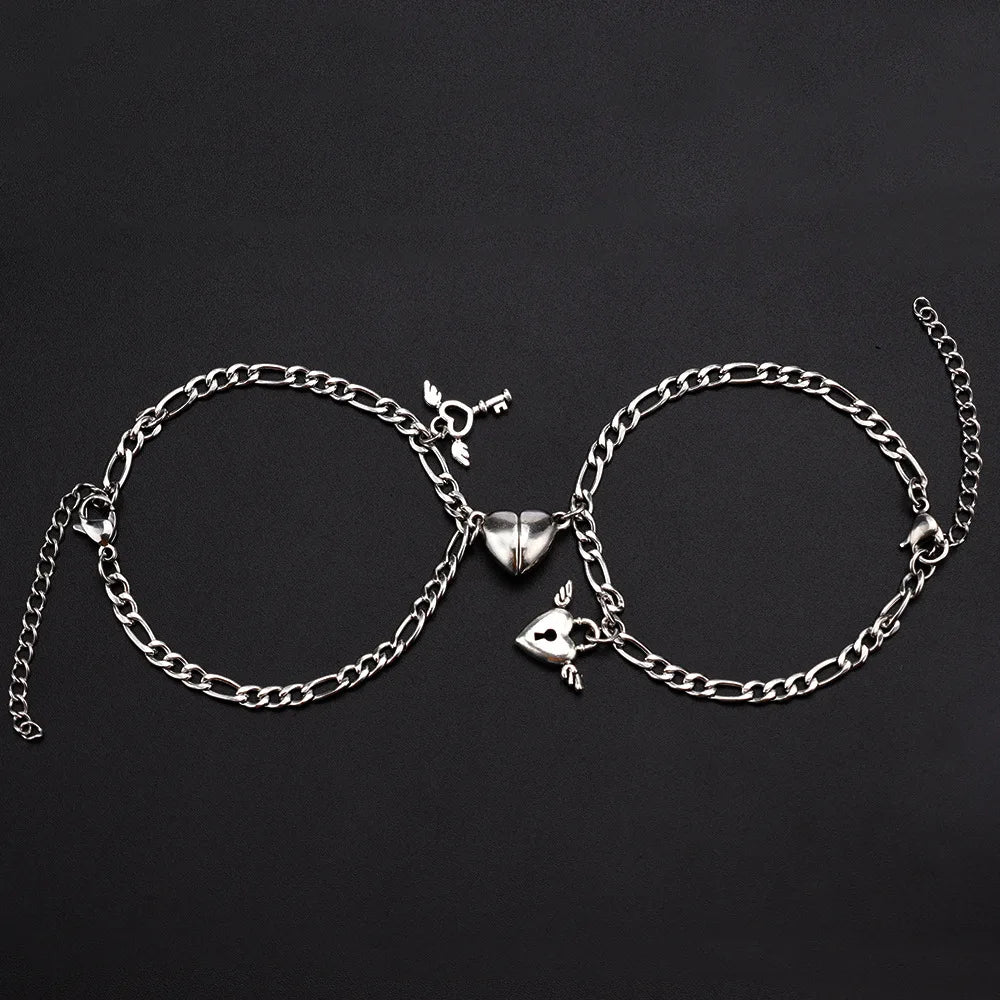 JWER 2Pcs/set Magnet Couple Bracelets Heart Attraction Bracelet Stainless Steel Charm Simple Cuban Chains Key Lock Jewelry Gifts