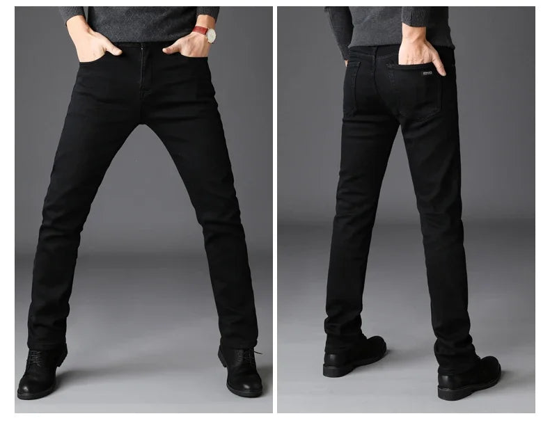 Men’s Stretch Black Biker Jeans – Classic Spring/Autumn Soft Denim Pants | Fashion Slim/Regular Fit Trousers