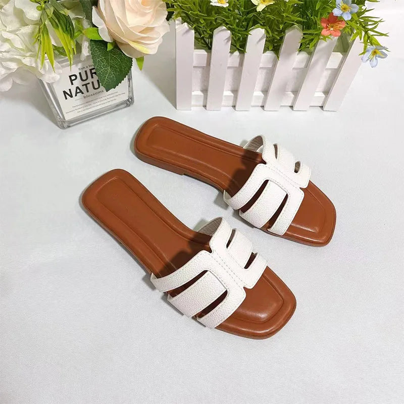 Women’s French Square Toe Slides — Multicolor H‑Slippers Summer Beach Sandals High‑Quality Designer Style
