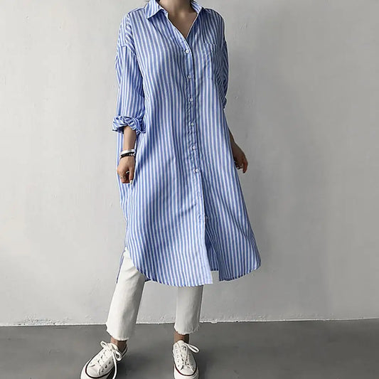 Spring Lady Shirt Contrast Color Striped Print Long Sleeves Single-breasted Cardigan Blouse Split Hem Long Blouse Lady Clothing