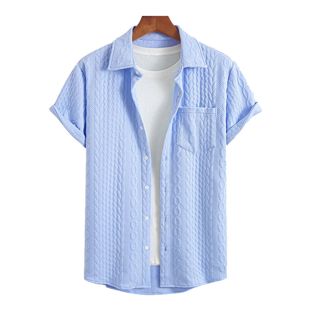 Summer Men Shirt Streetwear Button Up Textured Front Pocket Short Sleeves Shirt Men's Clothing 2024 Korean Style Casual Shirts