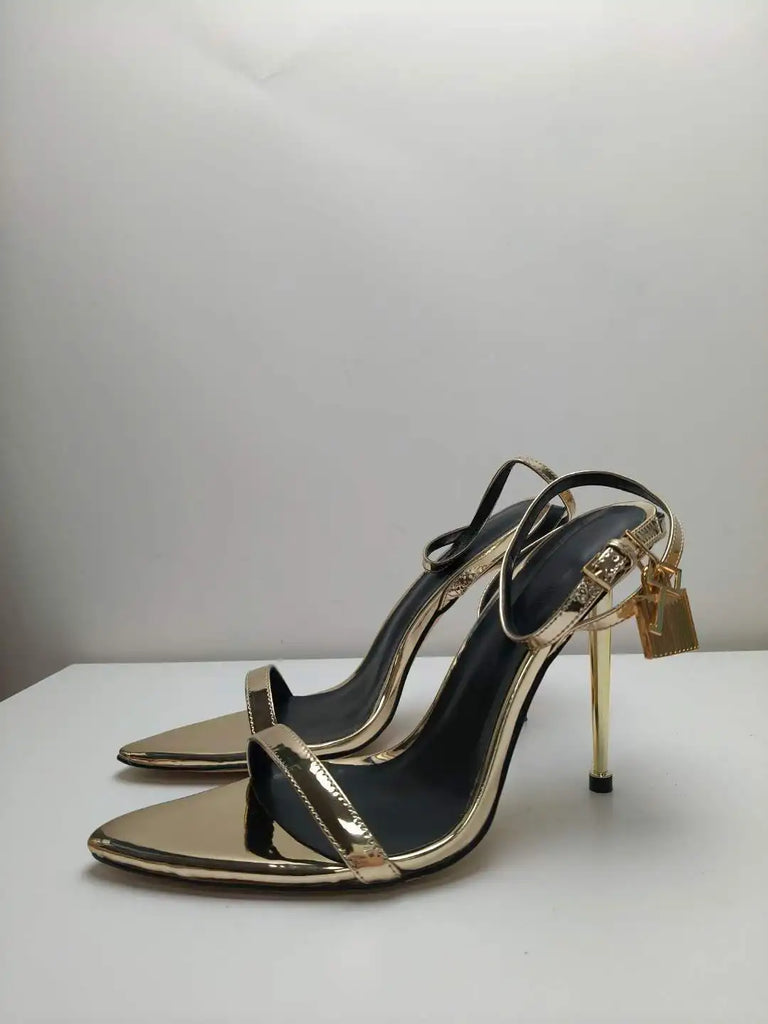 2025 New Sexy Gold Padlock High Heels One Word Buckle Open Toe Thin Heels Leather Shoes Ankle Strap Gladiator Sandal 44