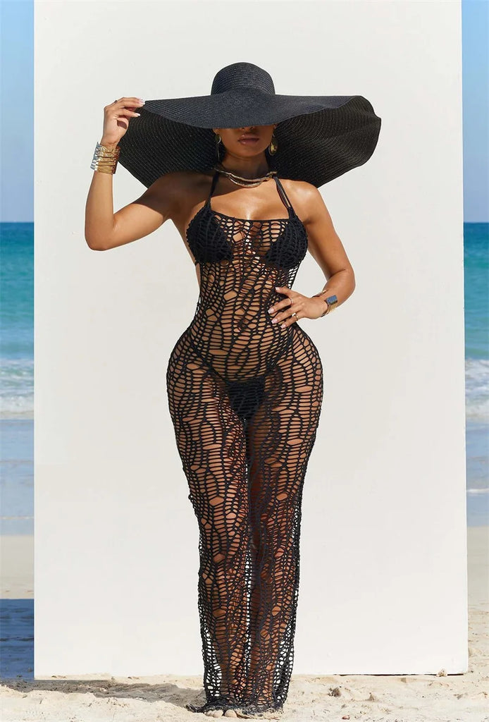 Women 3 Pieces Sexy Beach Bikini Set Backless Hollow Out Hole Knit Long Dress Cover Up+Lace Up Halter Bra Top+Underwear Swimsuit